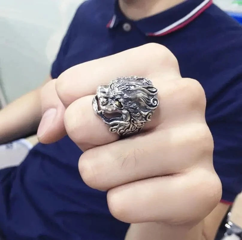 Redimensionnable Bague japonaise komainu en argent