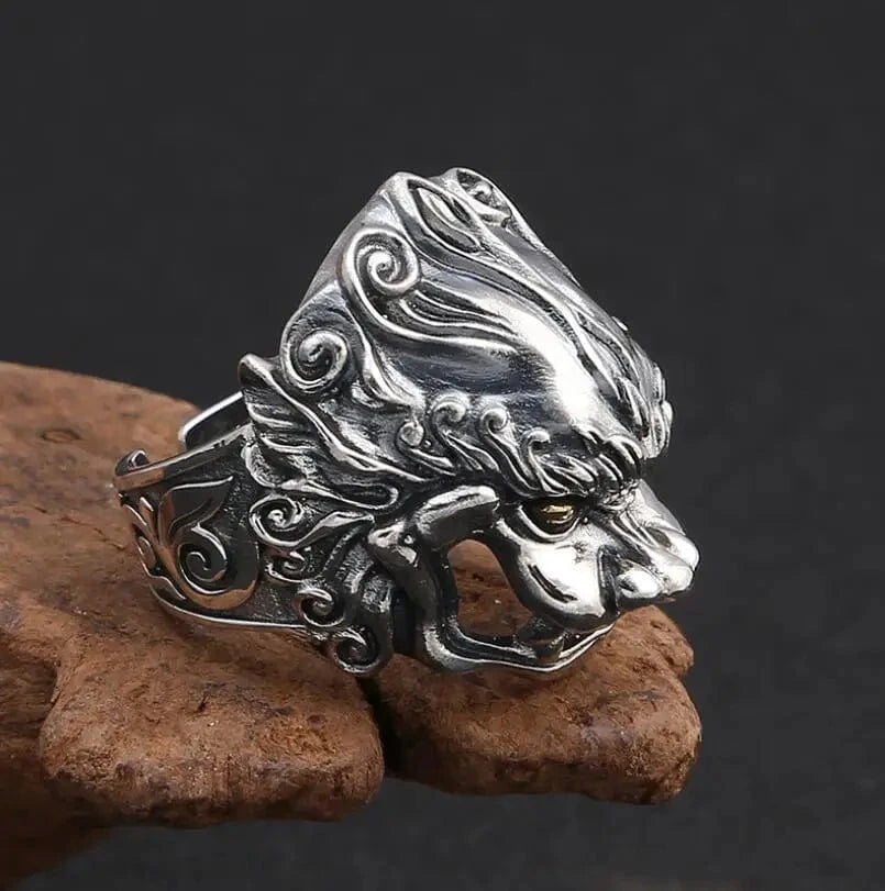 Redimensionnable Bague japonaise komainu en argent