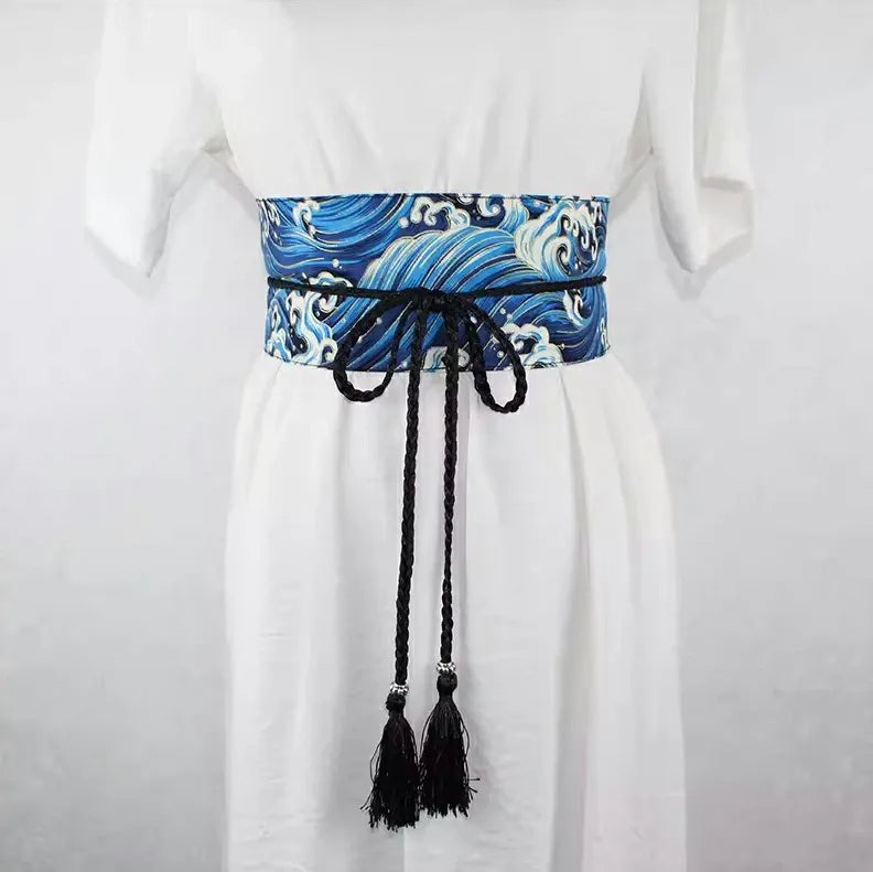 Ceinture Obi à cordon tressé Bleu Vagues japonaises