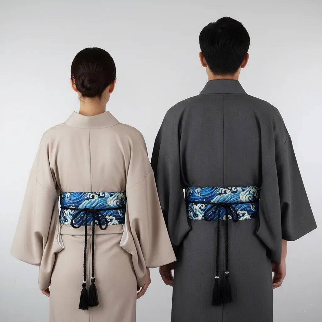 Ceinture Obi à cordon tressé Bleu Vagues japonaises