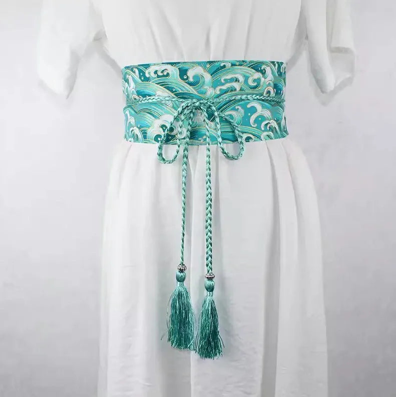 Ceinture Obi à cordon tressé Bleu claire Vagues japonaises