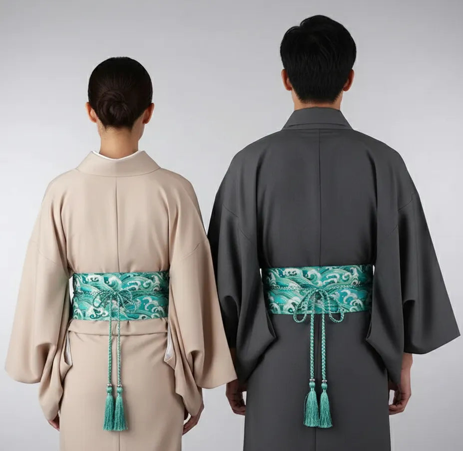Ceinture Obi à cordon tressé Bleu claire Vagues japonaises