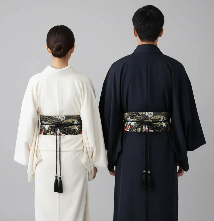 Ceinture Obi à cordon tressé Noire Carpes Koi