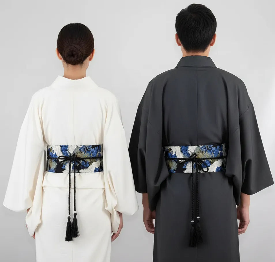 Ceinture Obi à cordon tressé Bleue Chrysanthèmes et Grues