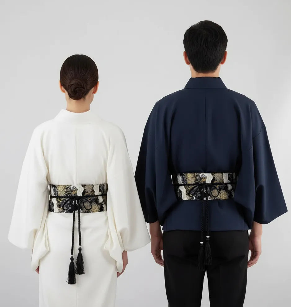 Ceinture Obi à cordon tressé Noire Chrysanthèmes et Grues