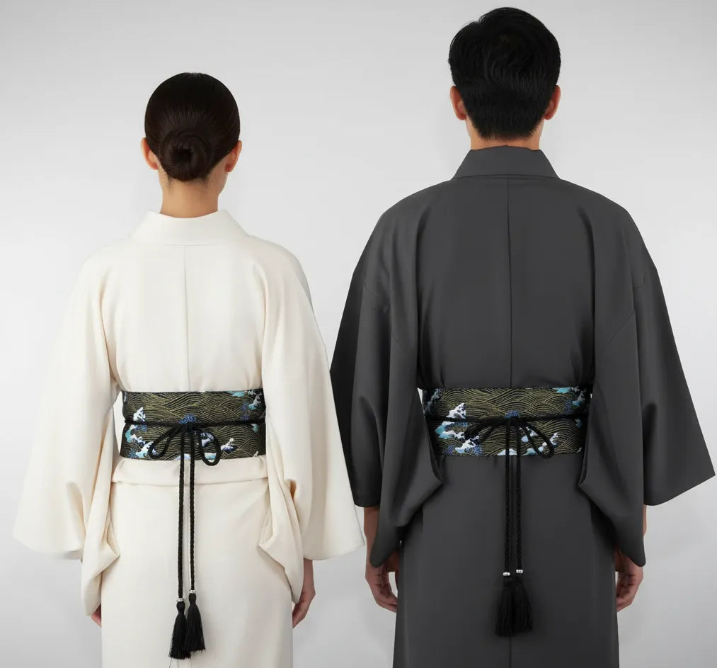 Ceinture Obi à cordon tressé Noire Vagues de la Mer