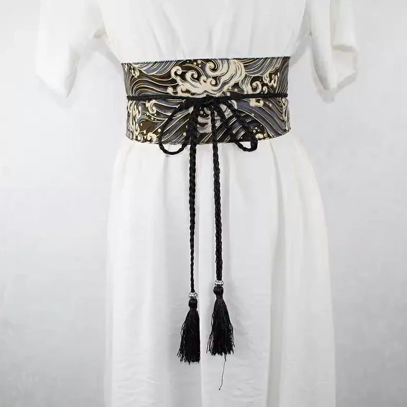 Ceinture Obi à cordon tressé Noire Vagues japonaises