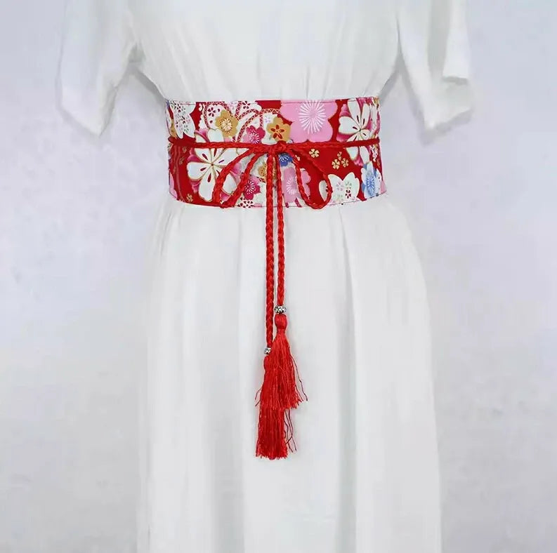 Ceinture Obi à cordon tressé Rouge Fleurs de cerisier