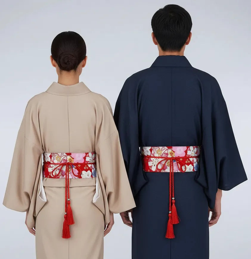 Ceinture Obi à cordon tressé Rouge Fleurs de cerisier