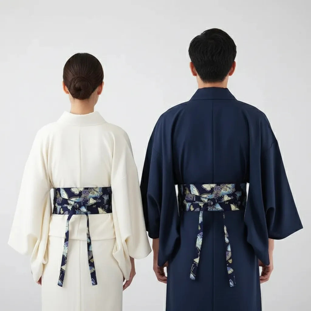 Ceinture Obi à nouer Bleu Marine Papillons d’Or