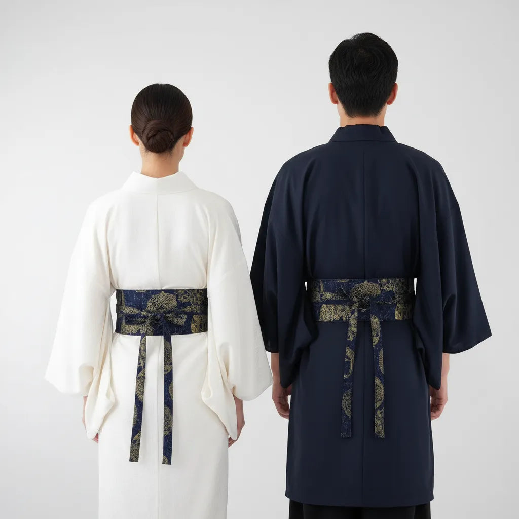 Ceinture Obi à nouer Bleu Nuit Fleurs Dorées