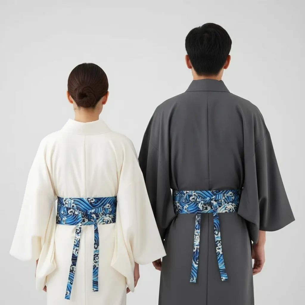 Ceinture Obi à nouer Bleue Vagues du Japon