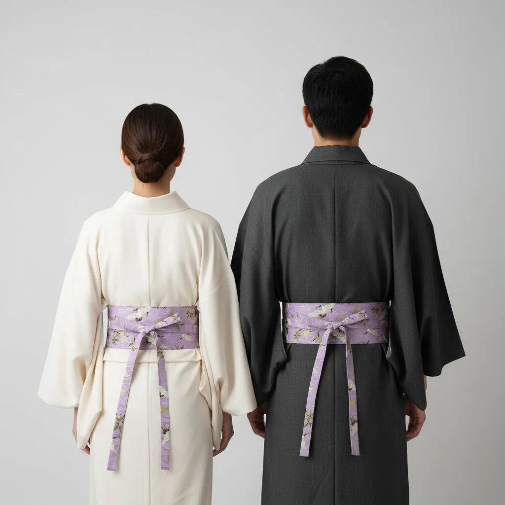 Ceinture Obi à nouer Violette Grues Japonaises