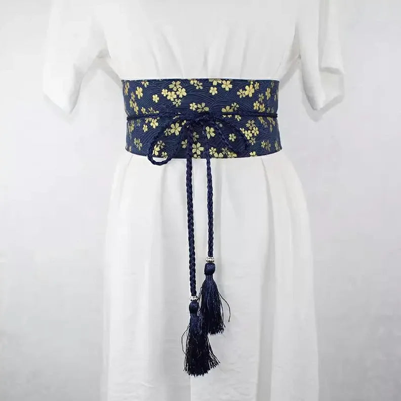 Ceinture obi à cordon tressé Bleu Fleurs sakura