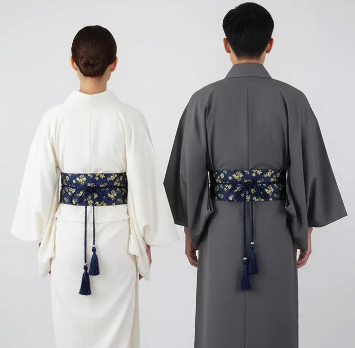 Ceinture obi à cordon tressé Bleu Fleurs sakura