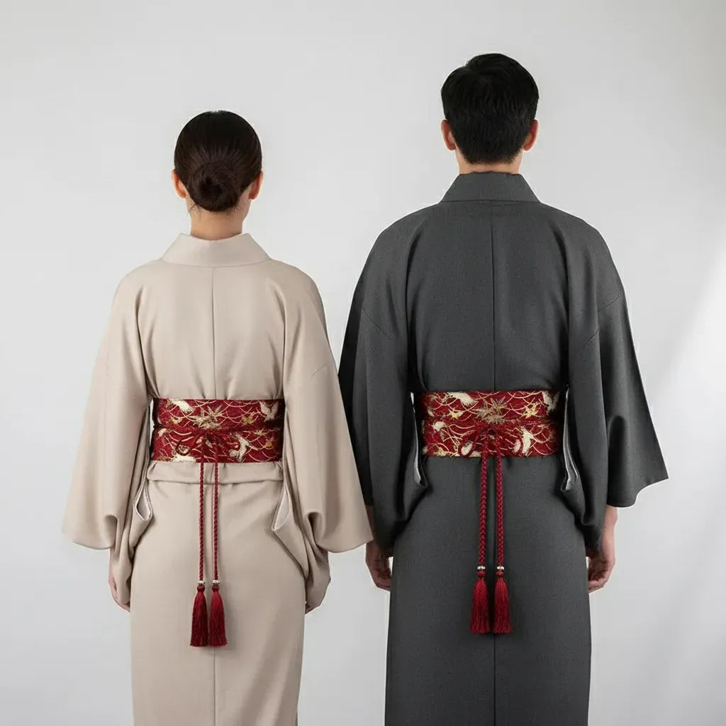 Ceinture obi à cordon tressé Rouge Grues japonaises