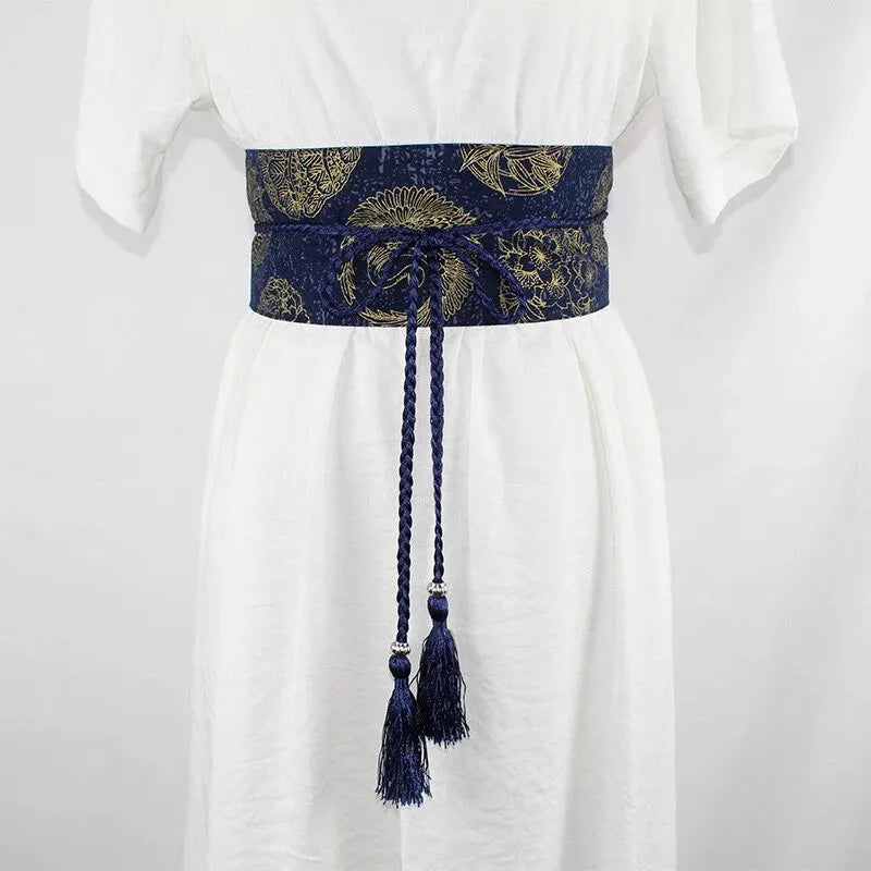 Ceinture Obi à cordon tressé Bleu marine Fleurie