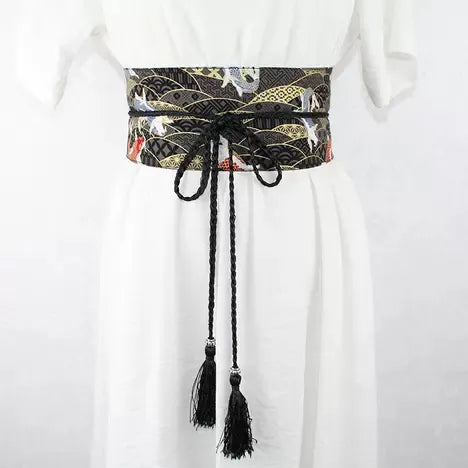 Ceinture Obi à cordon tressé Noire Carpes Koi
