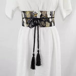 Ceinture Obi à cordon tressé Noire Chrysanthèmes et Grues