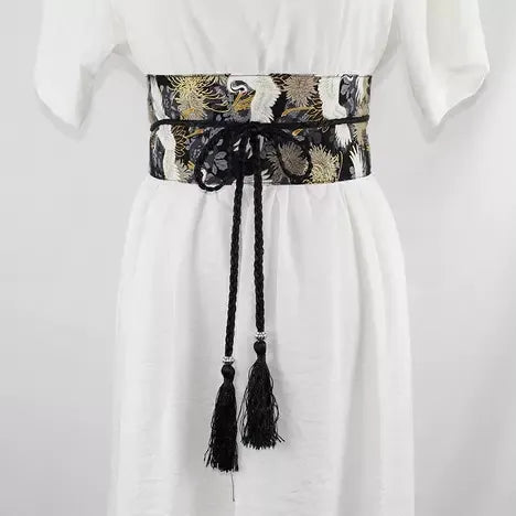 Ceinture Obi à cordon tressé Noire Chrysanthèmes et Grues