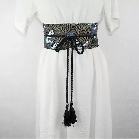Ceinture Obi à cordon tressé Noire Vagues de la Mer