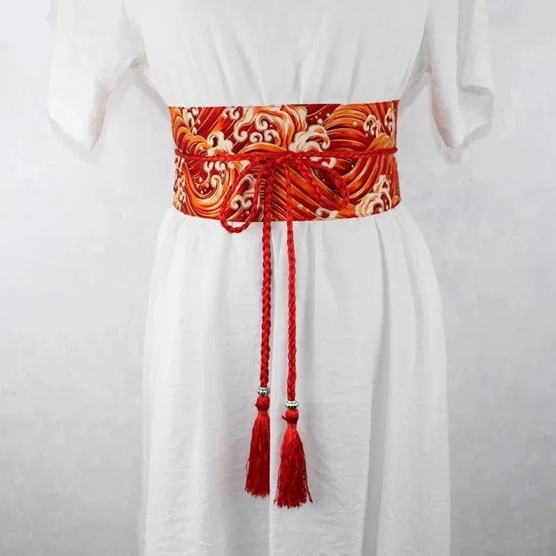 Ceinture Obi à cordon tressé Rouge Vagues japonaises