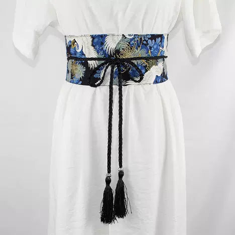 ceinture obi a cordon tressé bleu chrysantheme et grue