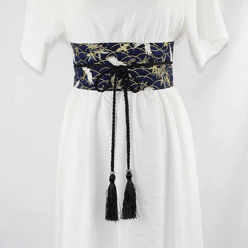 Ceinture obi à cordon tressé Bleu marine Grues japonaises