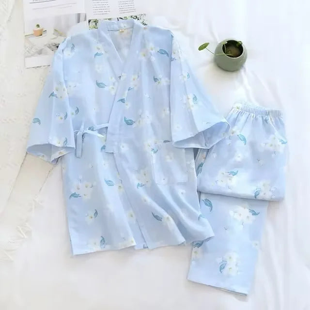 Ensemble jinbei bleu fleuri