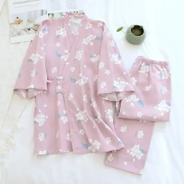 Ensemble jinbei rose fleuri