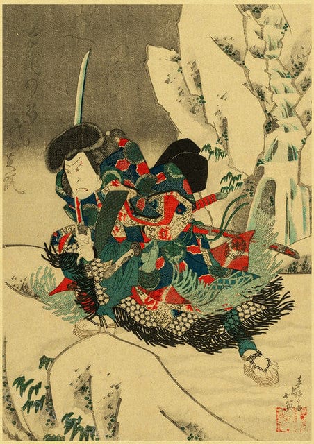 Estampe japonaise Nakamura Utaemon IV en guerrier debout dans la neige