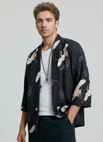 Haori homme noir motif grue et fleurs de cerisier