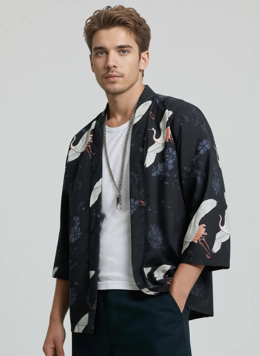 Haori homme noir motif grue et fleurs de cerisier