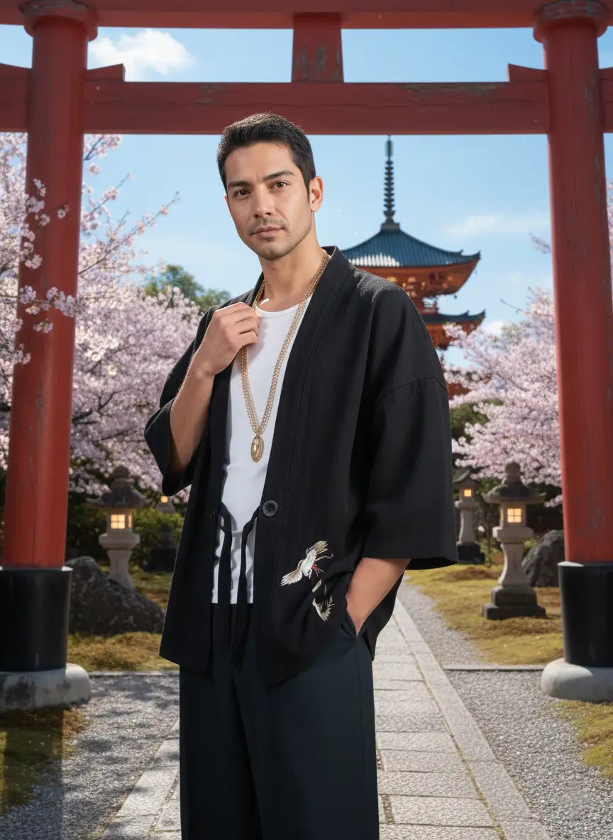 Haori noir grue japonaise