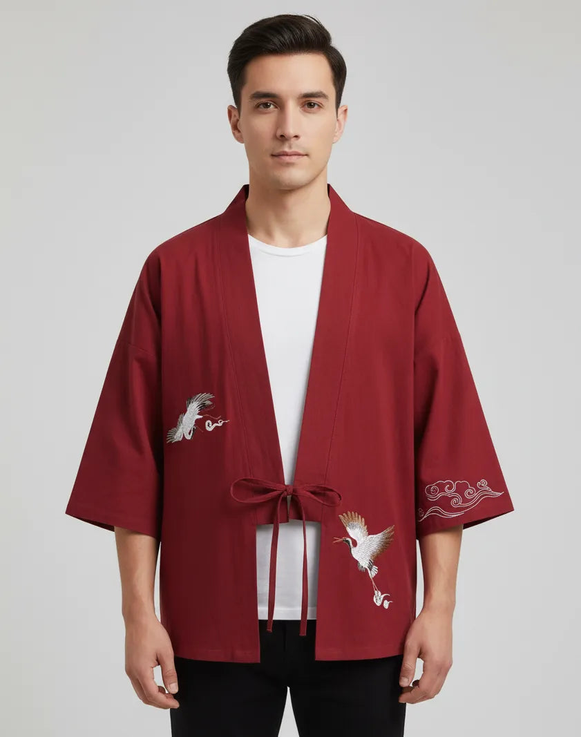 Haori rouge grue & nuage