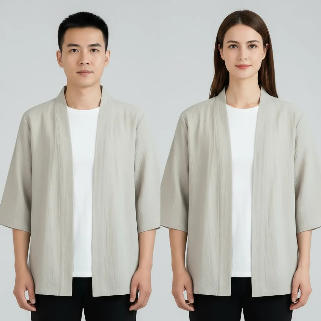 Haori beige en coton & lin