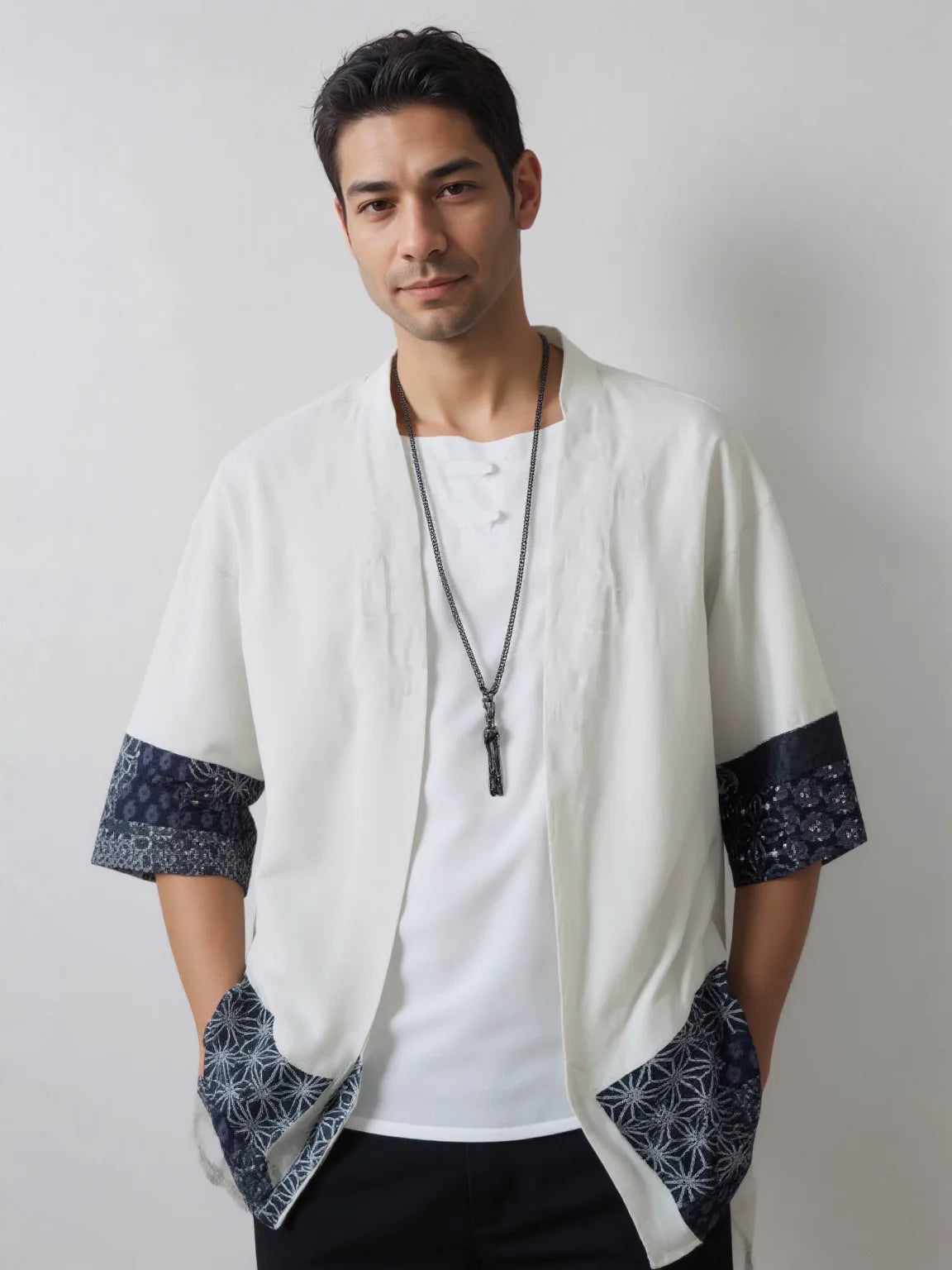 Haori homme beige Asanoha & Sashiko