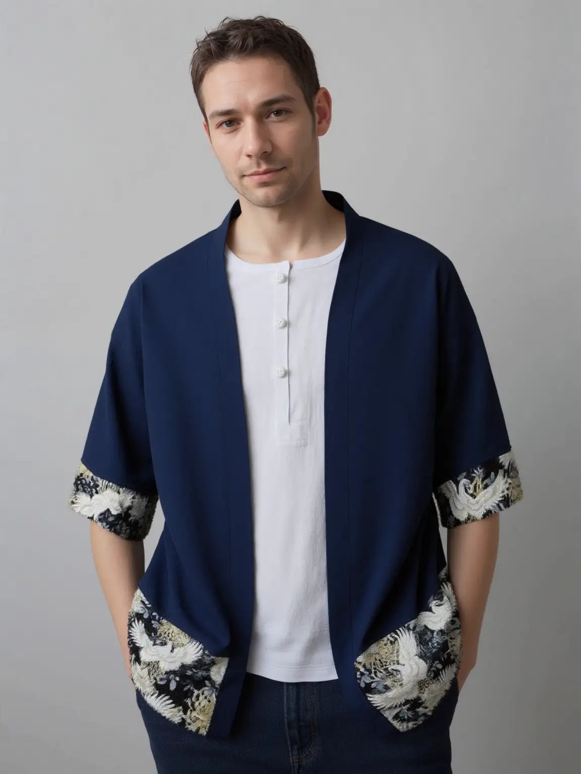 Haori homme bleu grue impériale