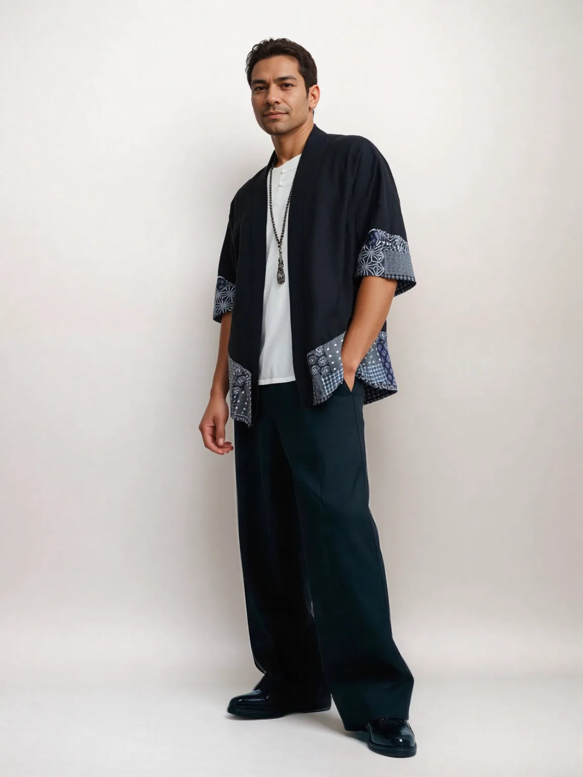 Haori homme noir Asanoha & Sashiko
