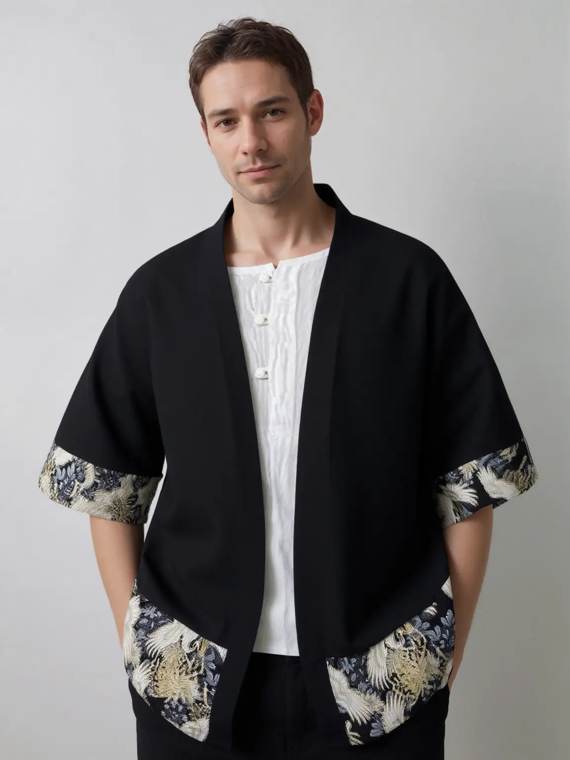 Haori homme noir grue impériale