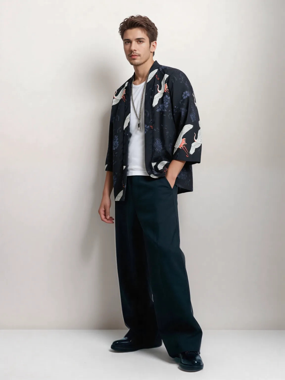 Haori homme noir motif grue et fleurs de cerisier