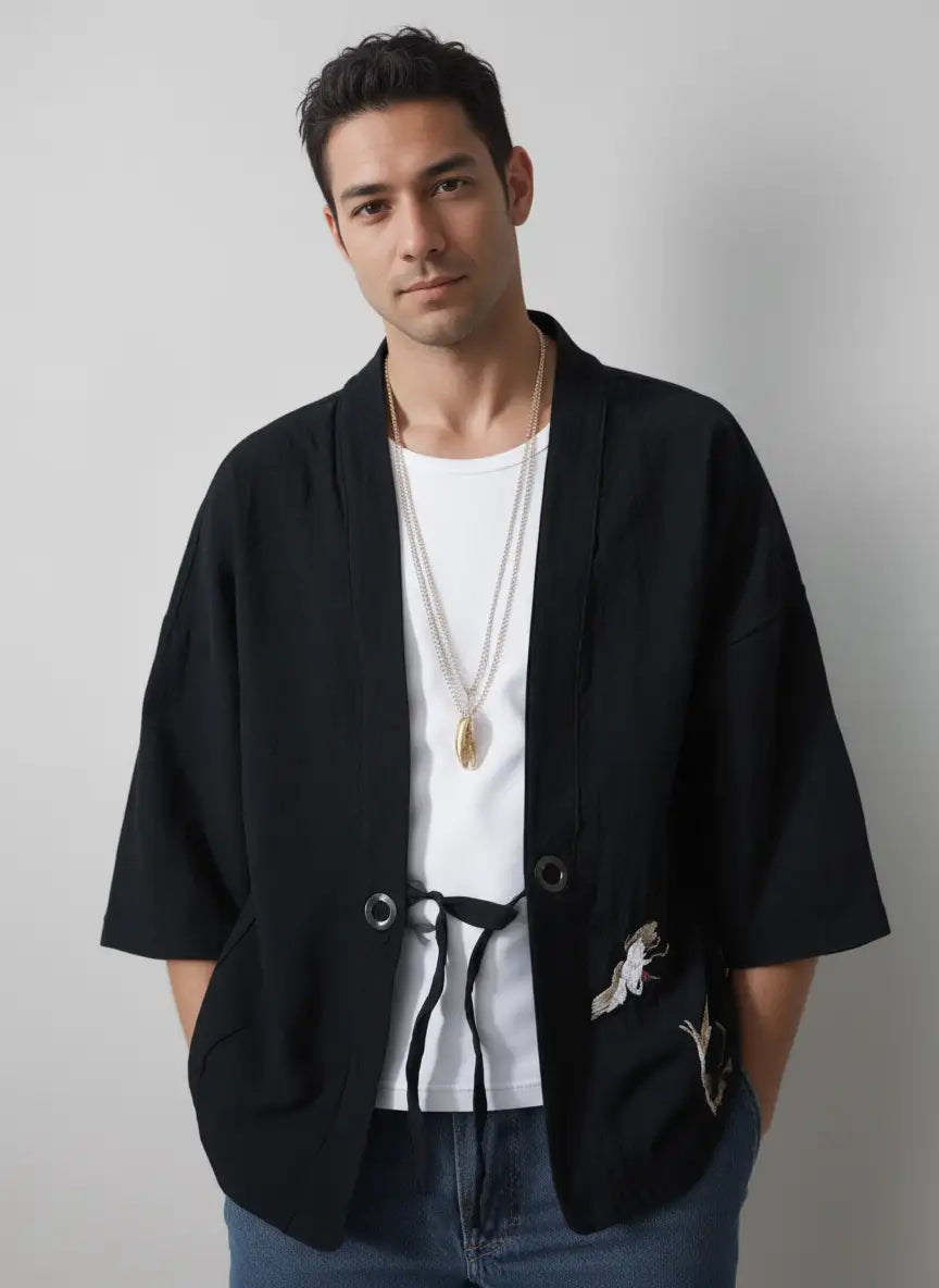 Haori noir grue japonaise