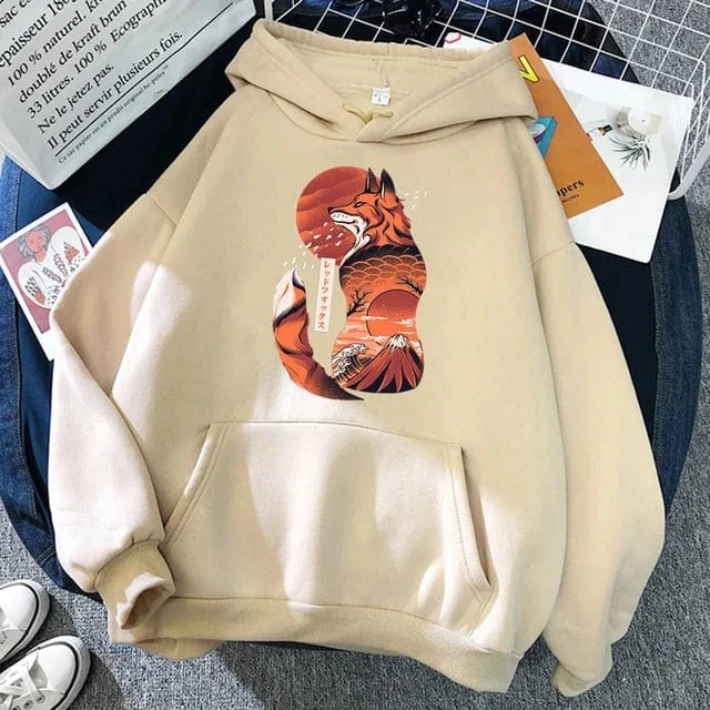XS / Beige Hoodie Japonais Kitsune
