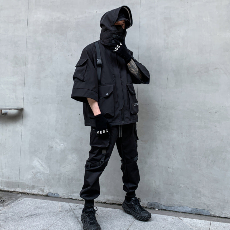 Veste Cargo Techwear Noire à Capuche