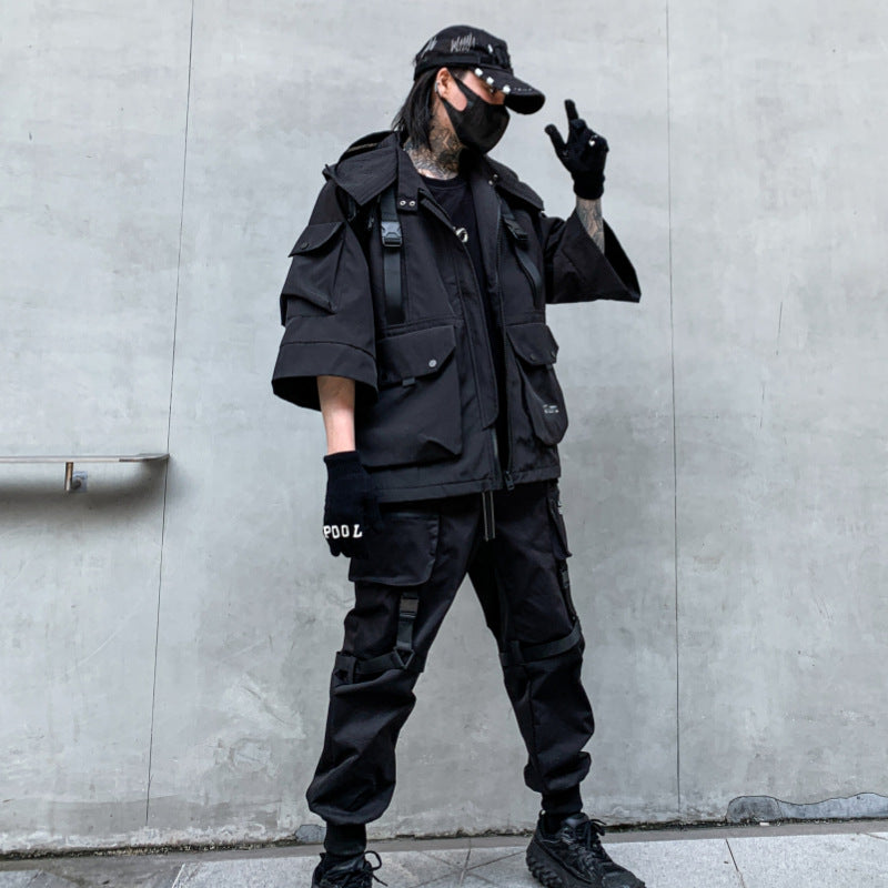 Veste Cargo Techwear Noire à Capuche