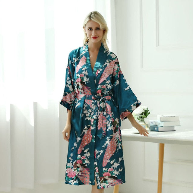 Peignoir kimono femme bleu en soie