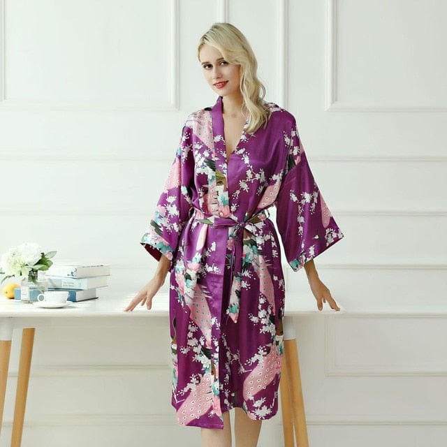 Peignoir kimono femme violet en soie
