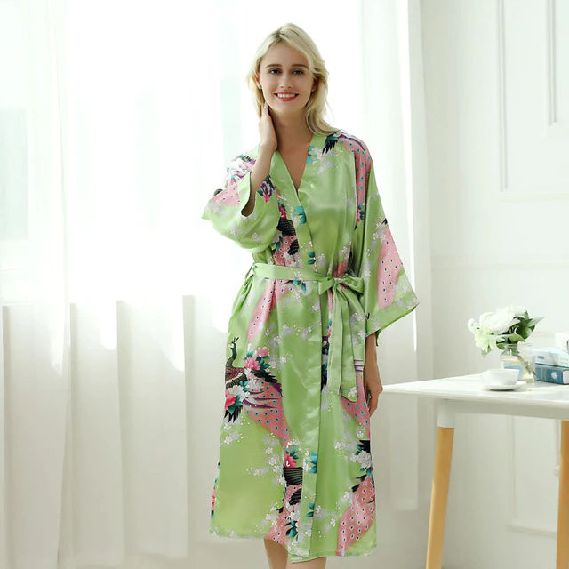 Peignoir kimono femme vert en soie