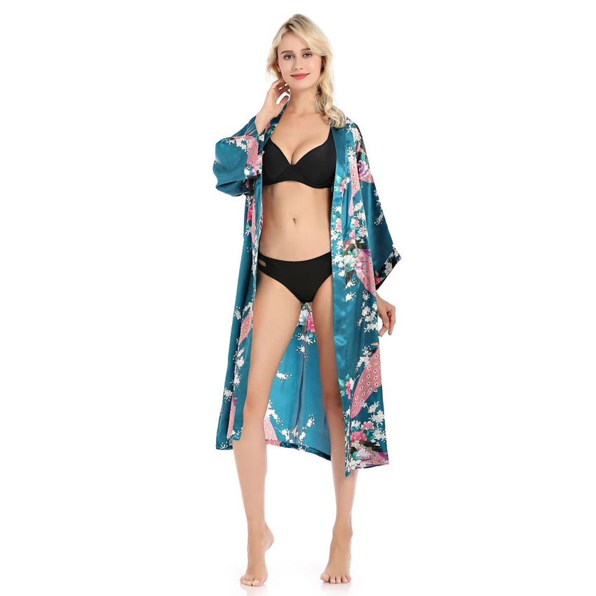 Peignoir kimono femme bleu en soie