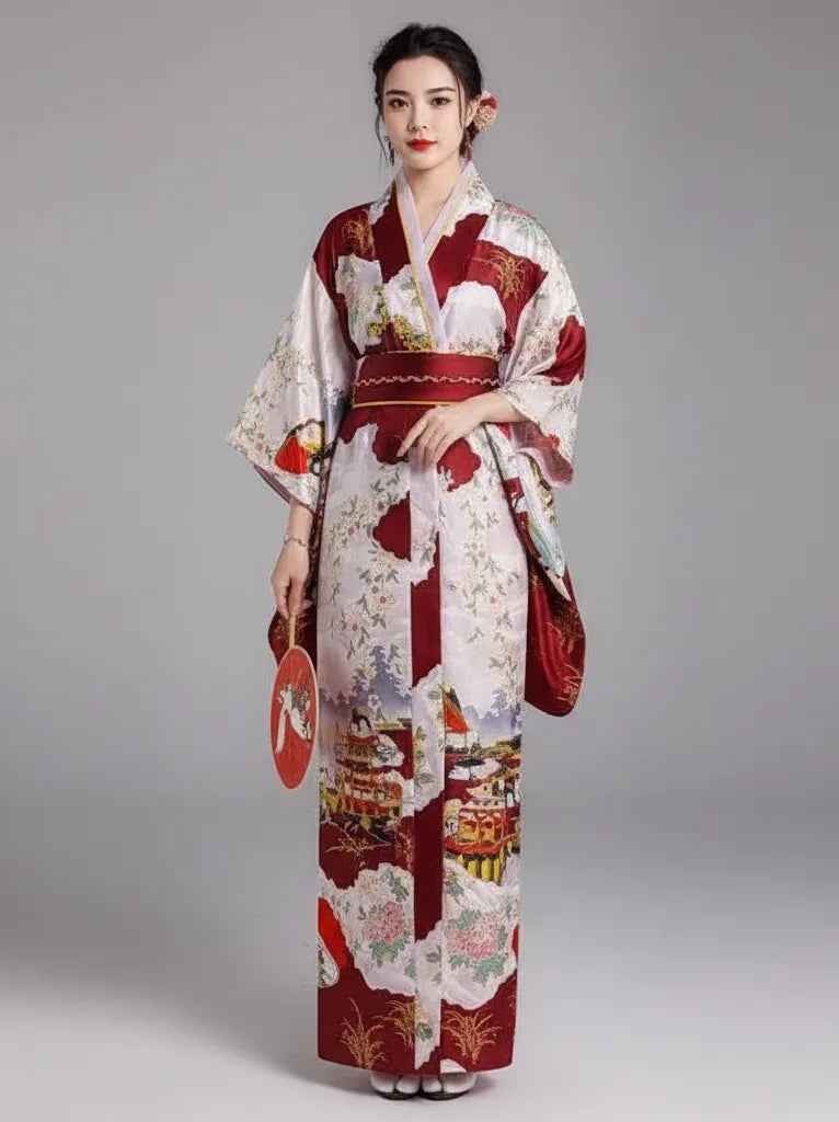 Kimono femme Fleuri Rouge & Blanc